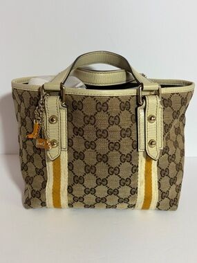 AUTHENTIC Gucci Monogram Canvas Tote Bag in Beige with Yellow Stripes